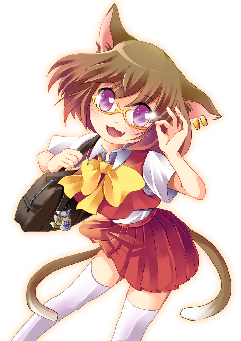 animal_ears, chen, megane, seifuku, tail, thighhighs, toda_ayu, touhou