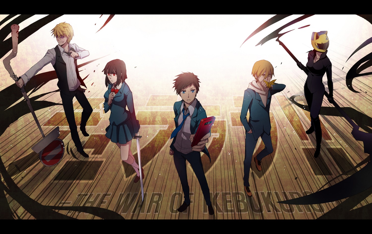 celty_sturluson, durarara!!, heiwajima_shizuo, kida_masaomi, megane, mir, ryuugamine_mikado, seifuku, sonohara_anri, sword