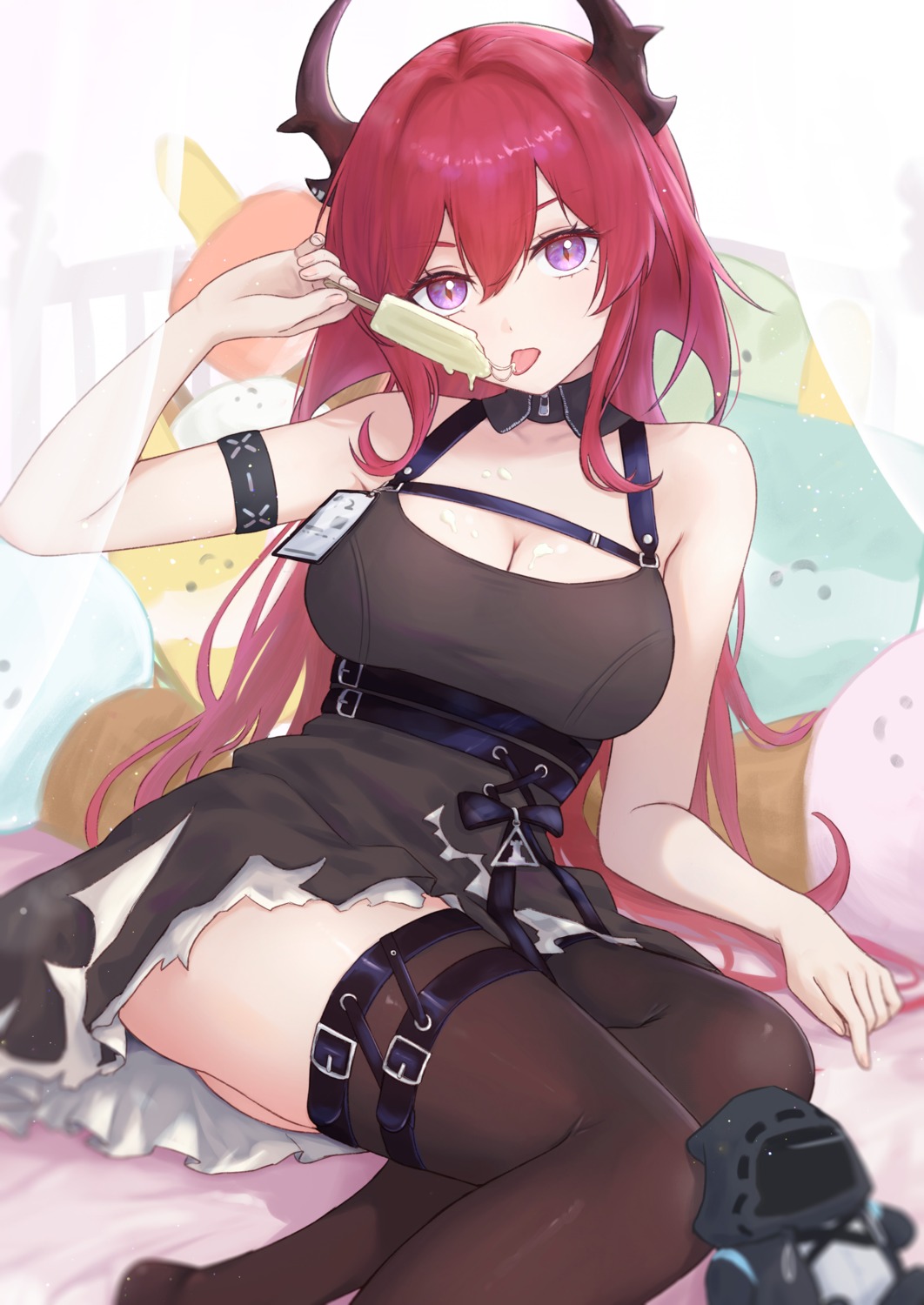 arknights, cleavage, cream, dress, garter, horns, runyo_(yale12312), skirt_lift, surtr_(arknights), thighhighs