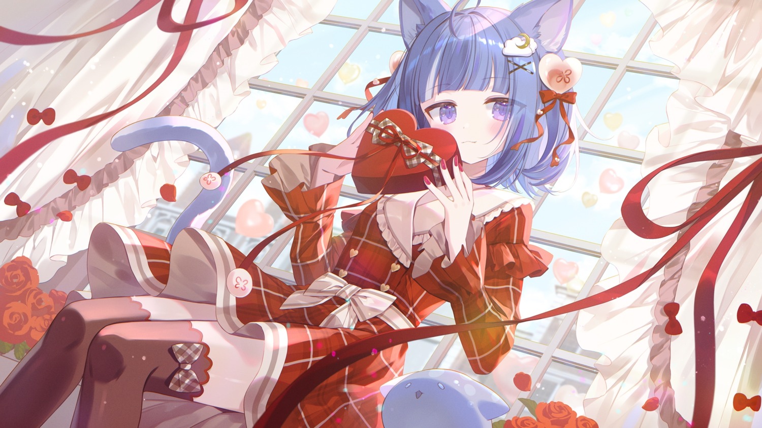 animal_ears, dress, indie_virtual_youtuber, kurageu_roa, nekomimi, nimoshi, skirt_lift, tail