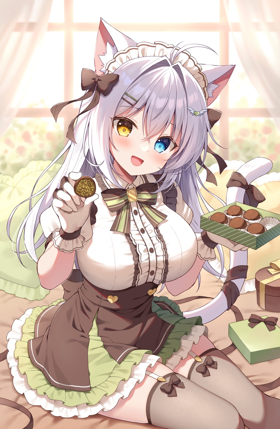 aina_rive, animal_ears, heterochromia, maid, mauve, nekomimi, stockings, tail