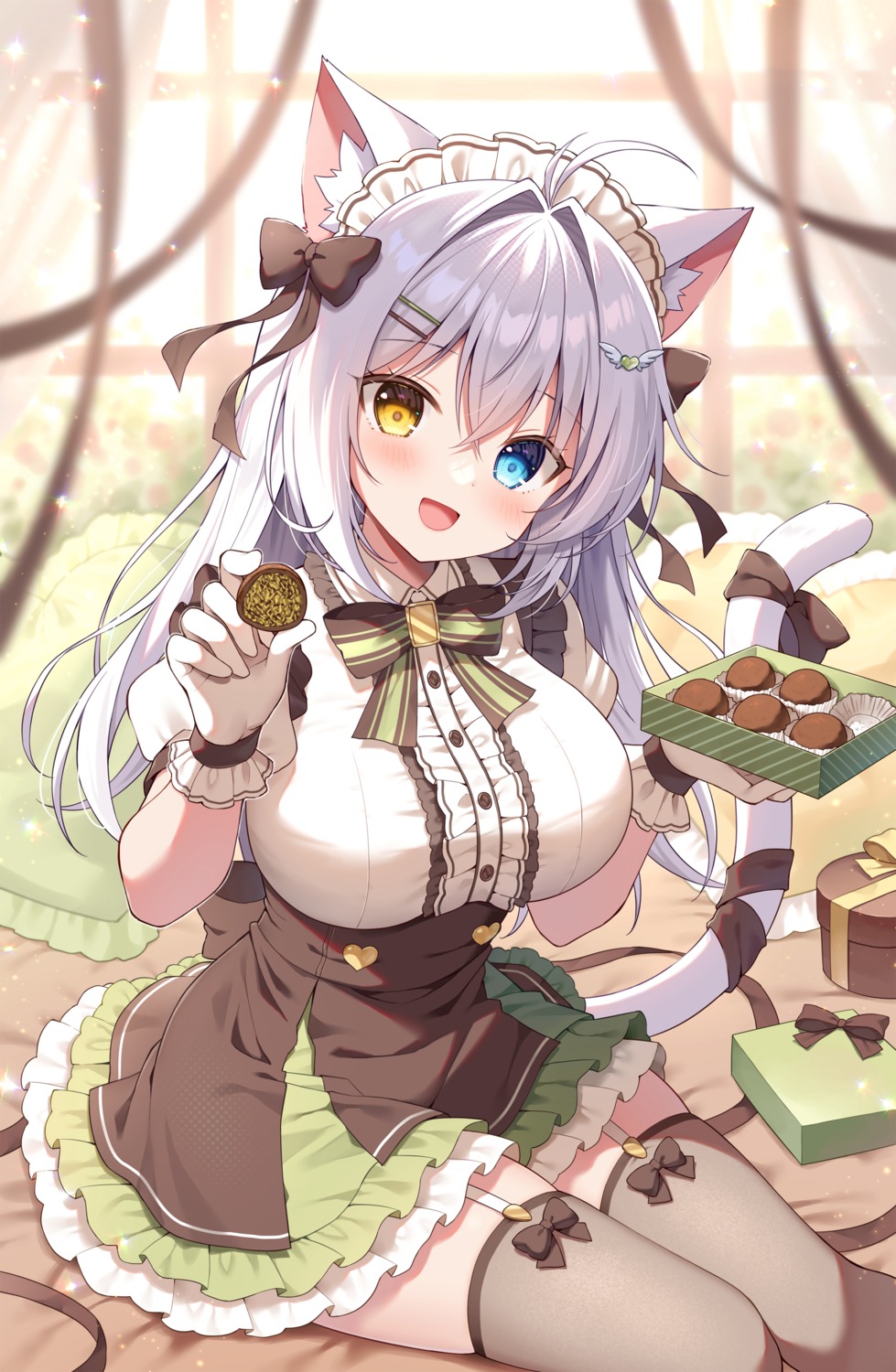 aina_rive, animal_ears, heterochromia, maid, mauve, nekomimi, stockings, tail, thighhighs, valentine