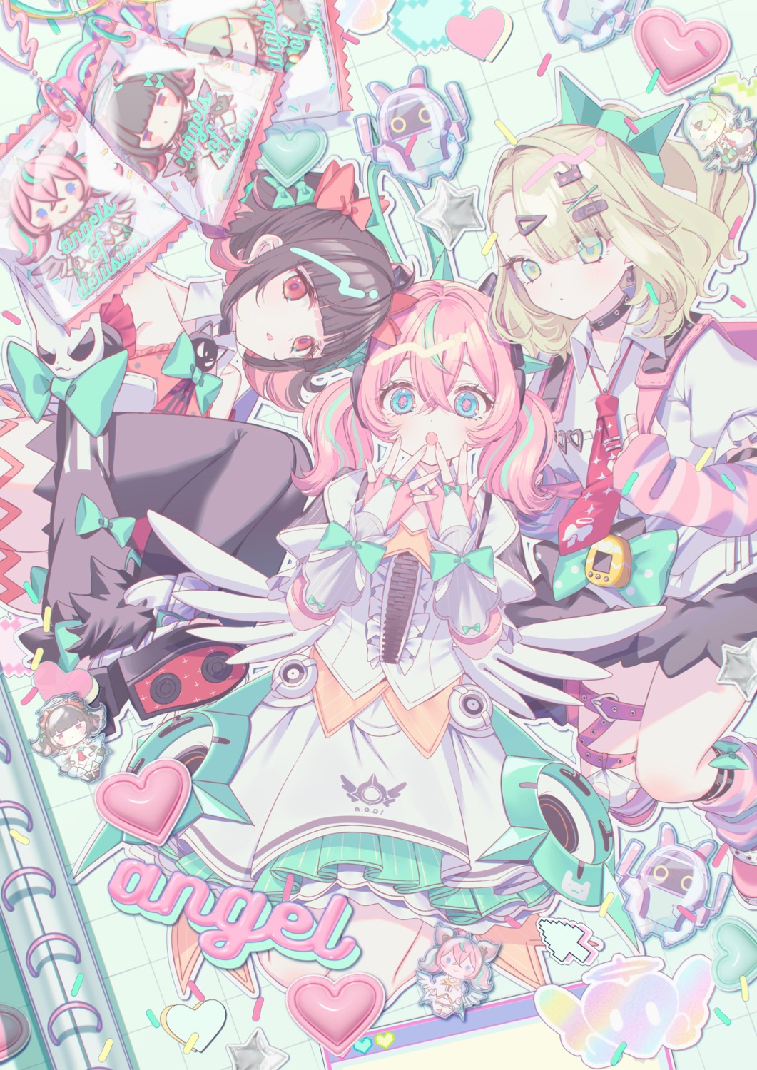 aria_(zenless_zone_zero), chibi, garter, halo, misumi, nangong_yu, stockings, sunna_(zenless_zone_zero)