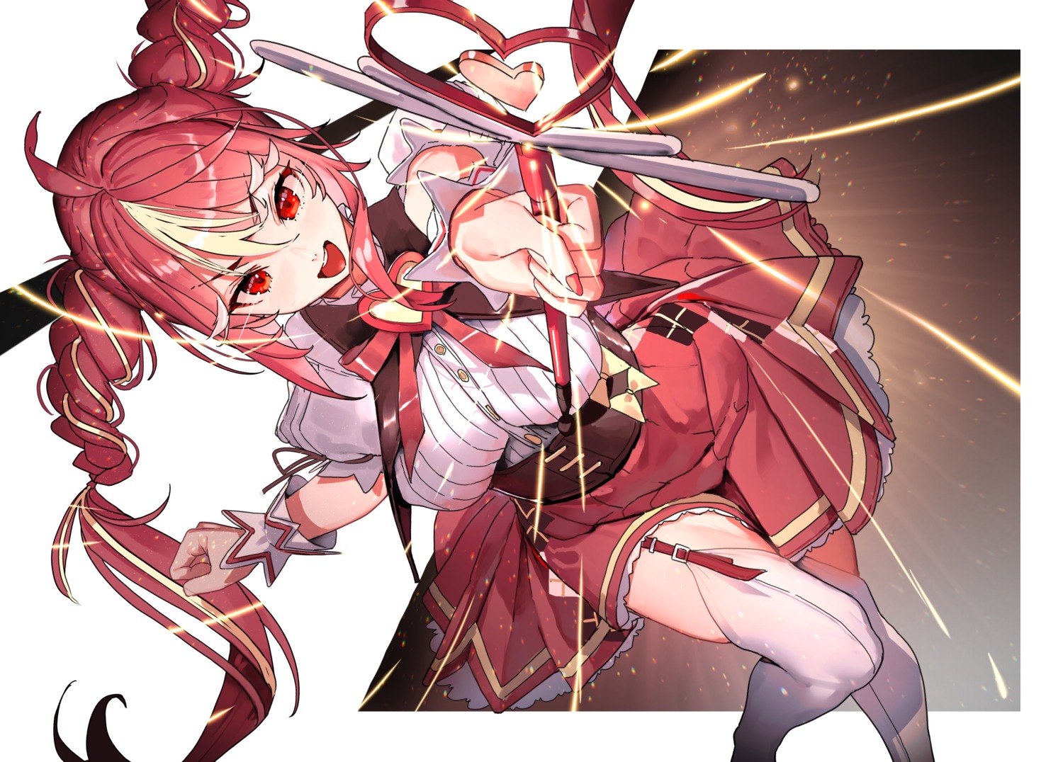 ichinose_idumi, merry_haruhina, ore_no_kaasan_wa_saikyou_no_mahou_shoujo_desu, skirt_lift, stockings, thighhighs, uniform, weapon