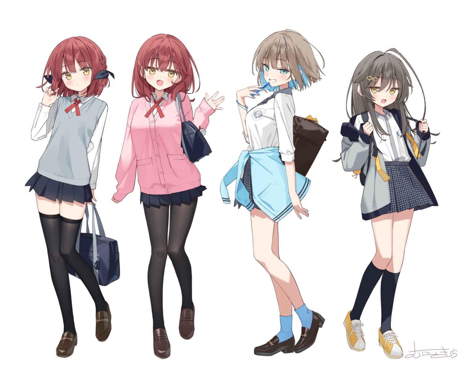 akari_(muninshiki), kazari_(muninshiki), muninshiki, pantyhose, seifuku, sweater, thighhighs