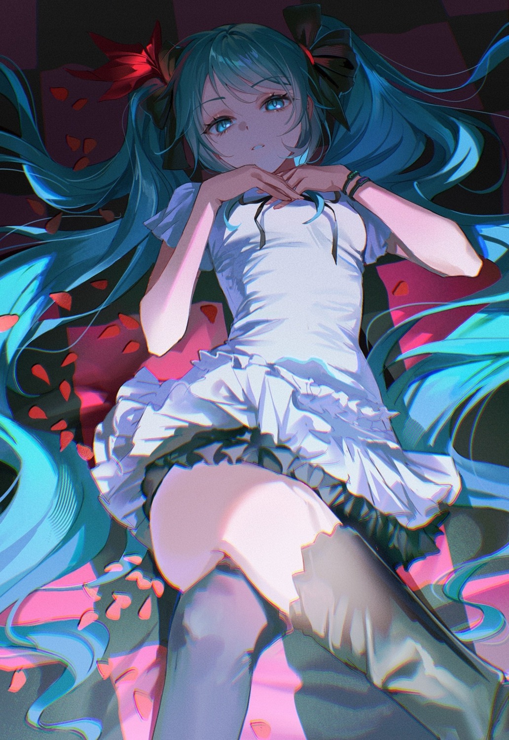 dress, hatsune_miku, pong_(pong_o0), skirt_lift, thighhighs, vocaloid, world_is_mine_(vocaloid)