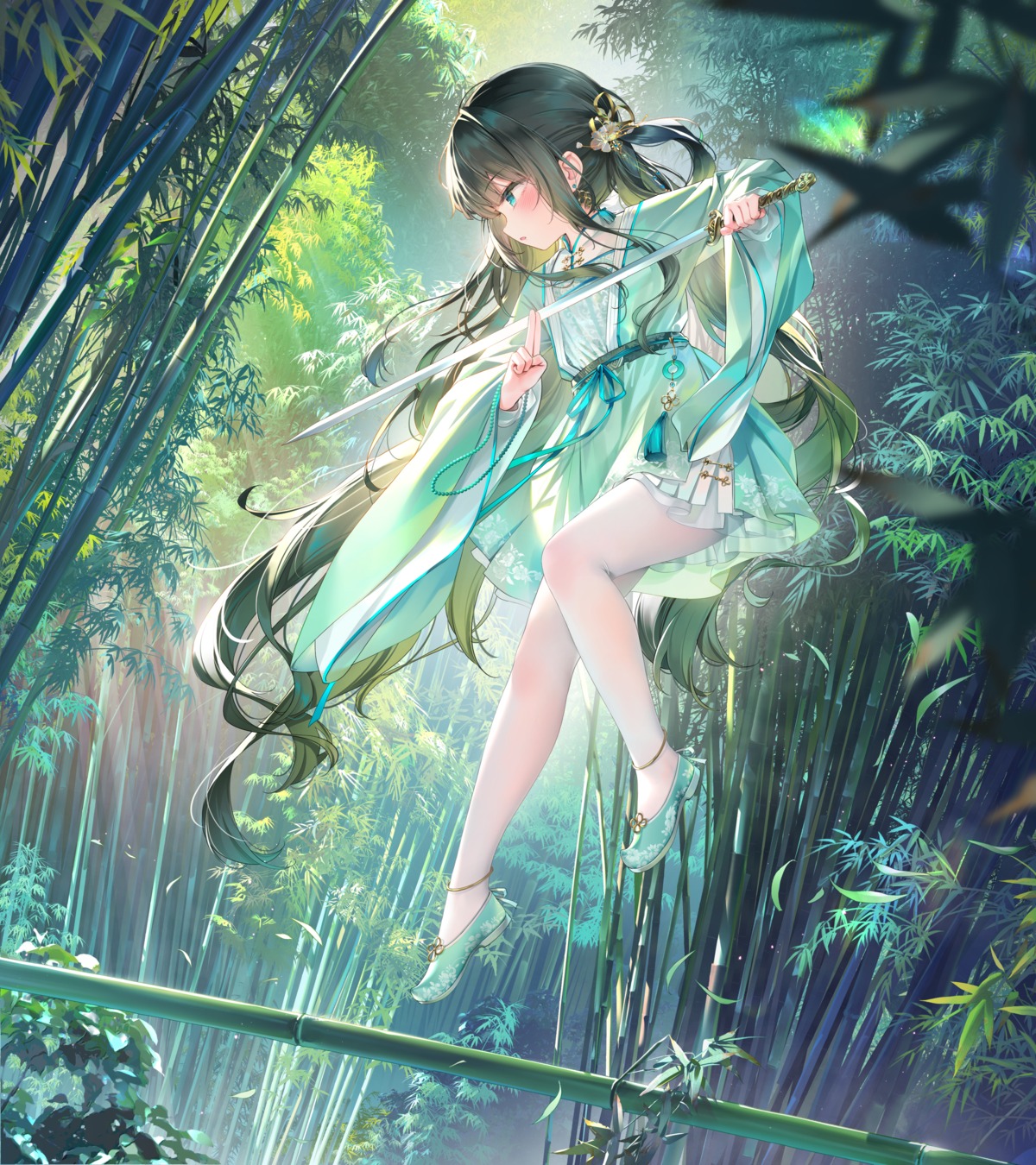 asian_clothes, chen_bin, pantyhose, see_through, sword