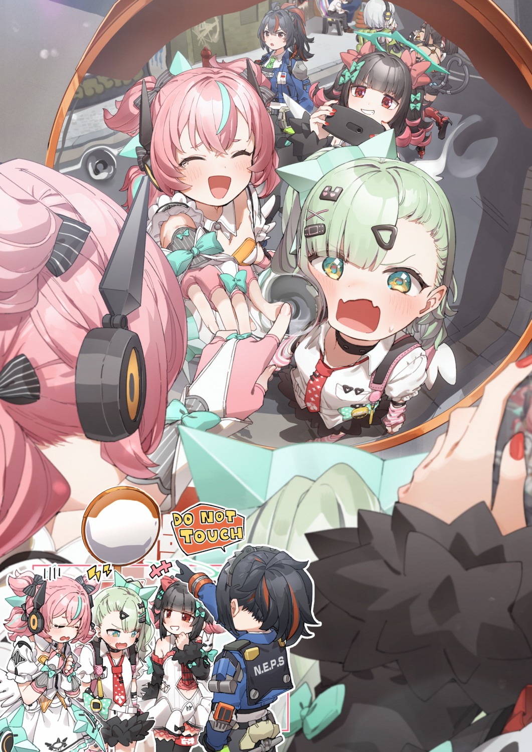 anby_demara, aria_(zenless_zone_zero), halo, headphones, heels, kusaka_shi, nangong_yu, nekomiya_mana