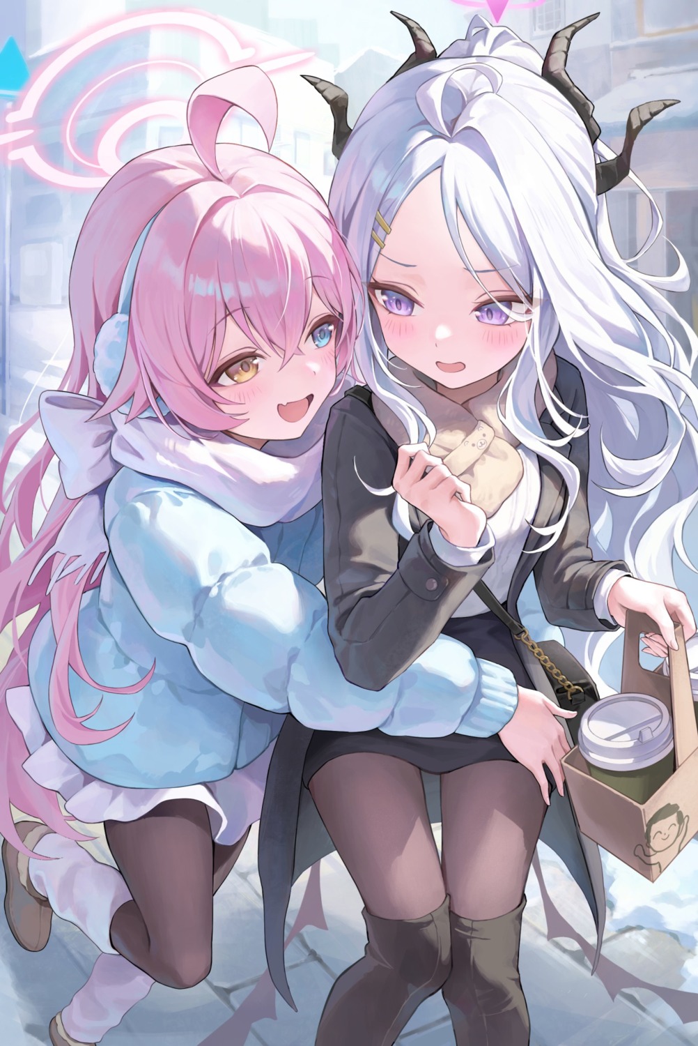 blue_archive, devil, halo, heterochromia, horns, pantyhose, ruhia, sorasaki_hina, sweater, takanashi_hoshino, thighhighs, wings