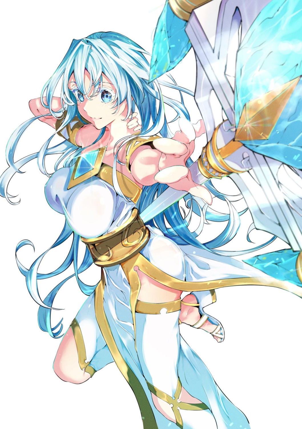 aoi_toshi, dress, elfaria_albis_serfort, heels, no_bra, thighhighs, tsue_to_tsurugi_no_wistoria, weapon