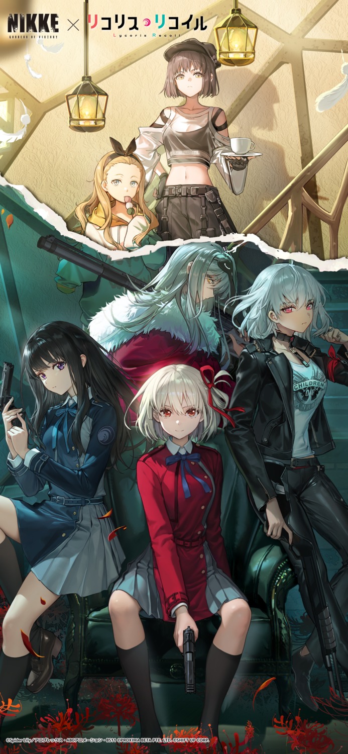 crossover, goddess_of_victory:_nikke, gun, inoue_takina, kurumi_(lycoris_recoil), lycoris_recoil, nishikigi_chisato, see_through