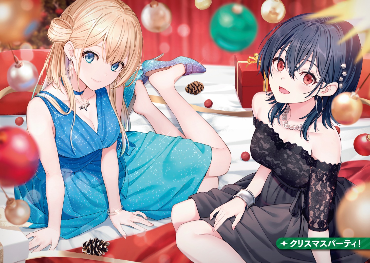 amami_yuu, asanagi_umi, christmas, class_de_2-banme_ni_kawaii_onnanoko_to_tomodachi_ni_natta, cleavage, dress, heels, hyuuga_azuri