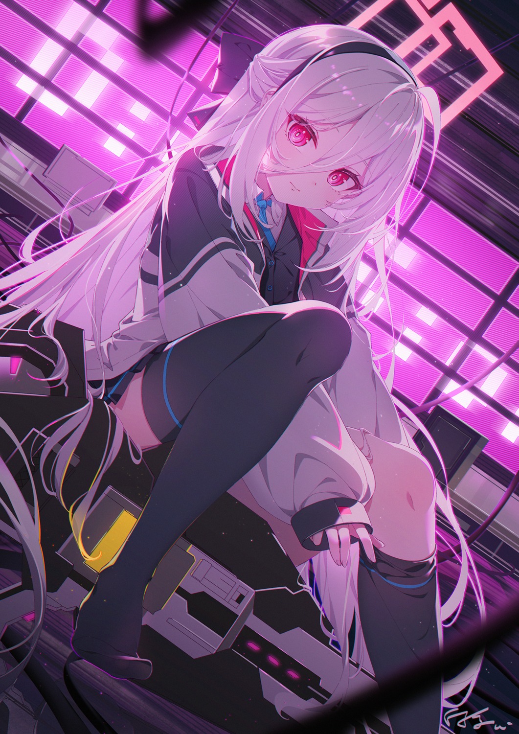 baisi_shaonian, blue_archive, halo, seifuku, skirt_lift, tendou_kei, thighhighs, undressing
