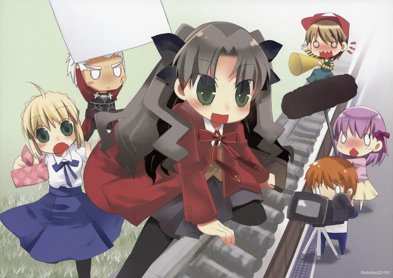 archer, artoria_pendragon_(fate), chibi, emiya_shirou, fate/stay_night, fujimura_taiga, hayashi_tsugumi, matou_sakura, thighhighs, toosaka_rin