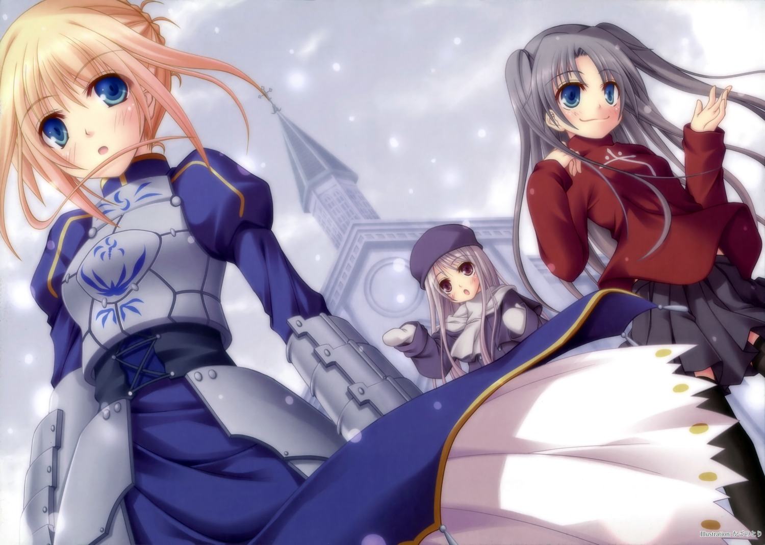 armor, artoria_pendragon_(fate), fate/stay_night, illyasviel_von_einzbern, kago_no_tori, thighhighs, toosaka_rin