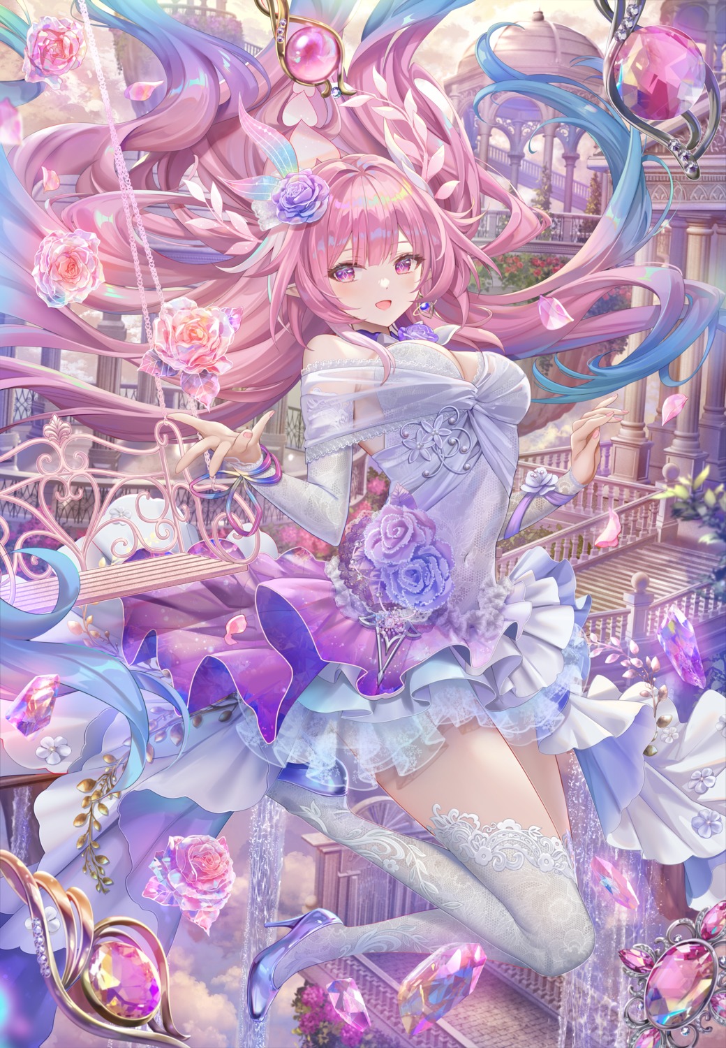 cyrene, dress, heels, honkai:_star_rail, no_bra, pointy_ears, see_through, thighhighs, torino_akua