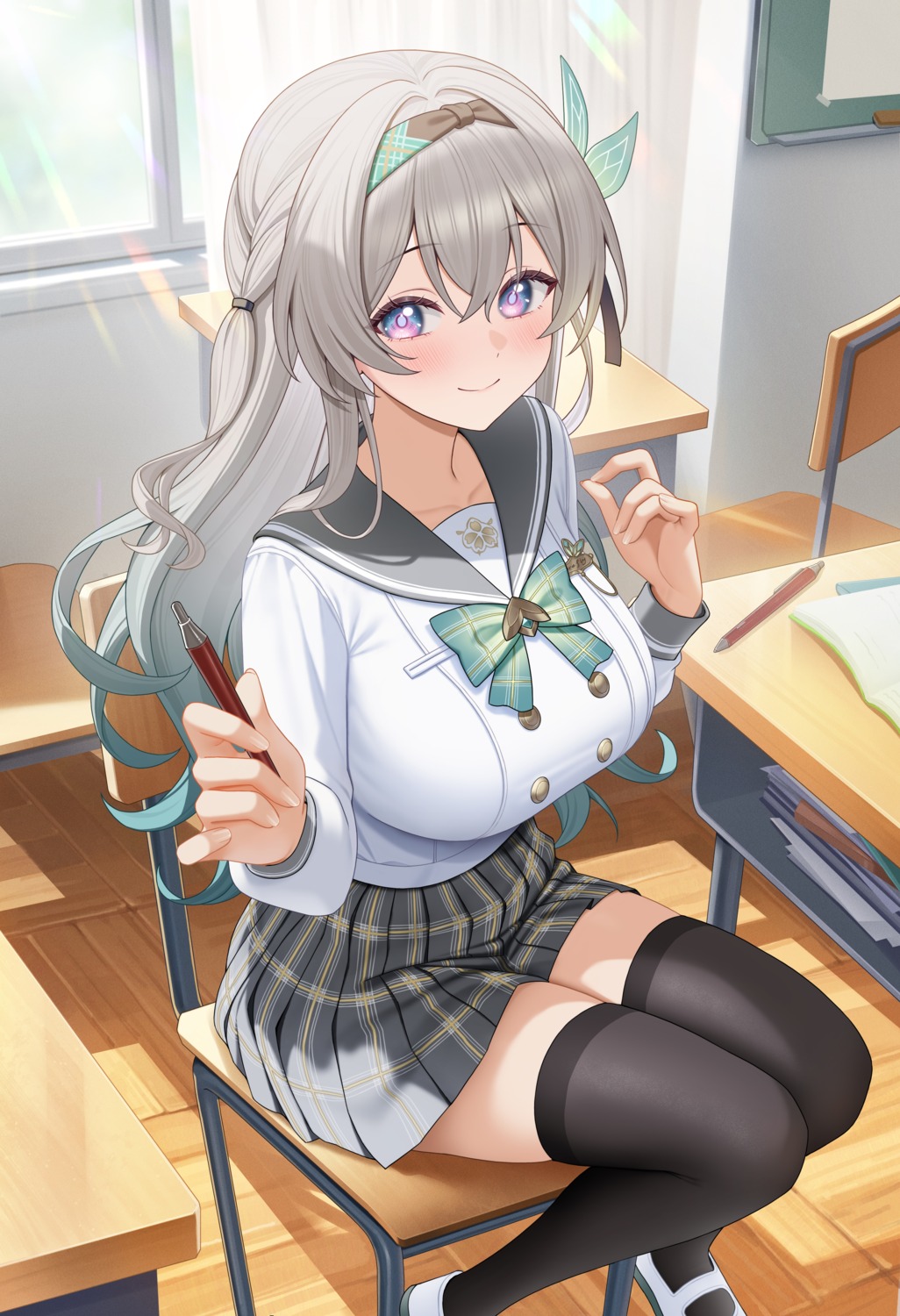 firefly, fukuro_ko_(greentea), honkai:_star_rail, seifuku, skirt_lift, thighhighs