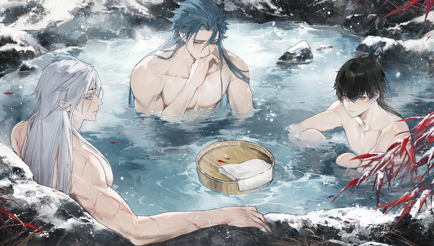 bathing, calcharo, jiyan, male, onsen, rover_(male), secretfj520, tattoo