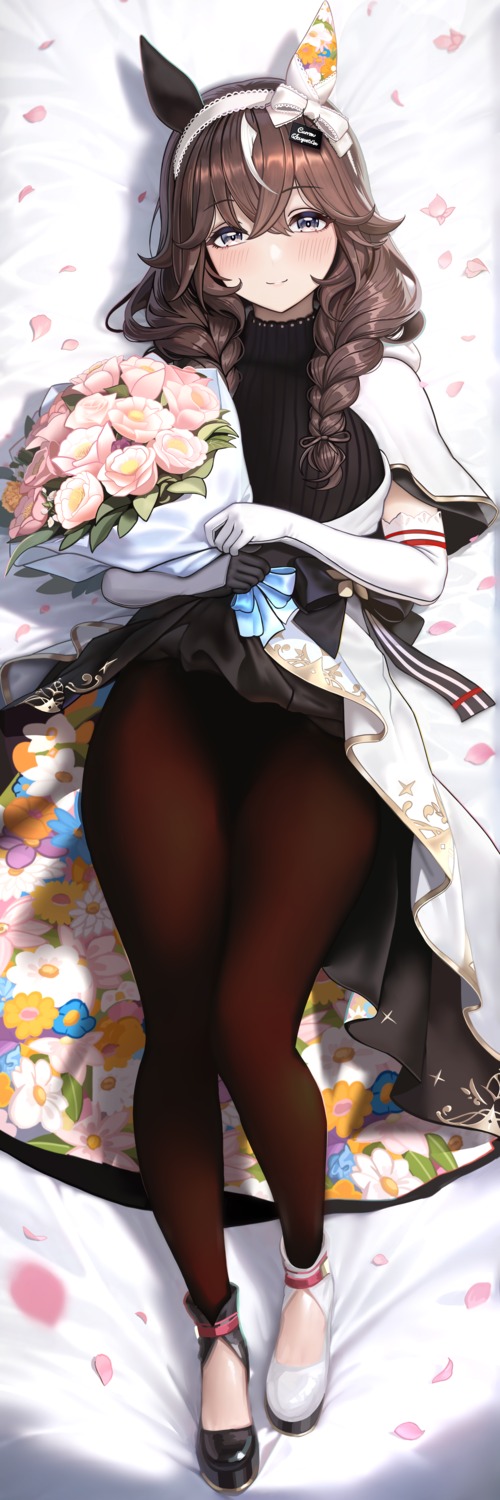 animal_ears, asdkd123, curren_bouquetd'or_(umamusume), dakimakura, pantyhose, skirt_lift, sweater, uma_musume_pretty_derby, uniform
