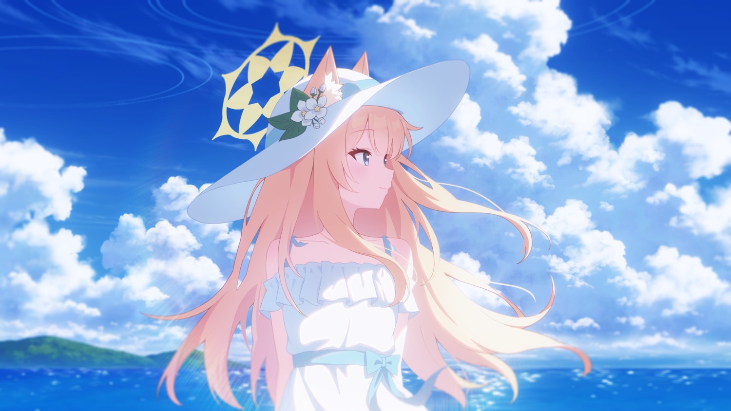 animal_ears, blue_archive, dress, halo, iochi_mari, jpeg_artifacts, nekomimi, summer_dress