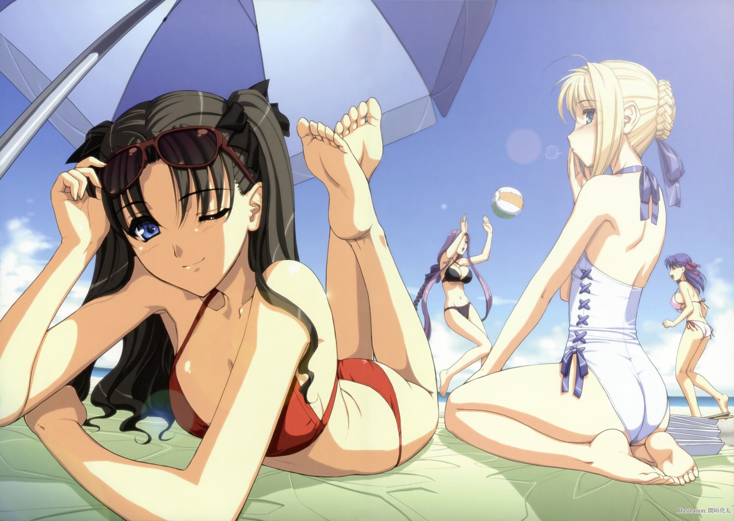 artoria_pendragon_(fate), ass, bikini, cleavage, fate/stay_night, feet, magaki_ryouta, matou_sakura, medusa_(fate), swimsuits, toosaka_rin