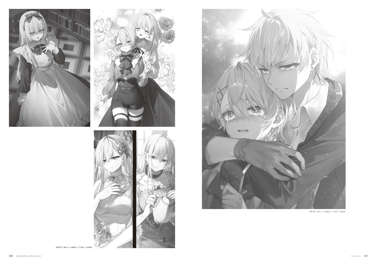 buta_no_liver_wa_kanetsu_shiro, ceres_(buta_no_liver_wa_kanetsu_shiro), dress, garter, jess_(buta_no_liver_wa_kanetsu_shiro), maid, monochrome, no_bra
