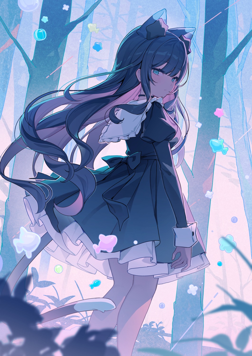 animal_ears, dress, icomochi, nekomimi, skirt_lift, tail
