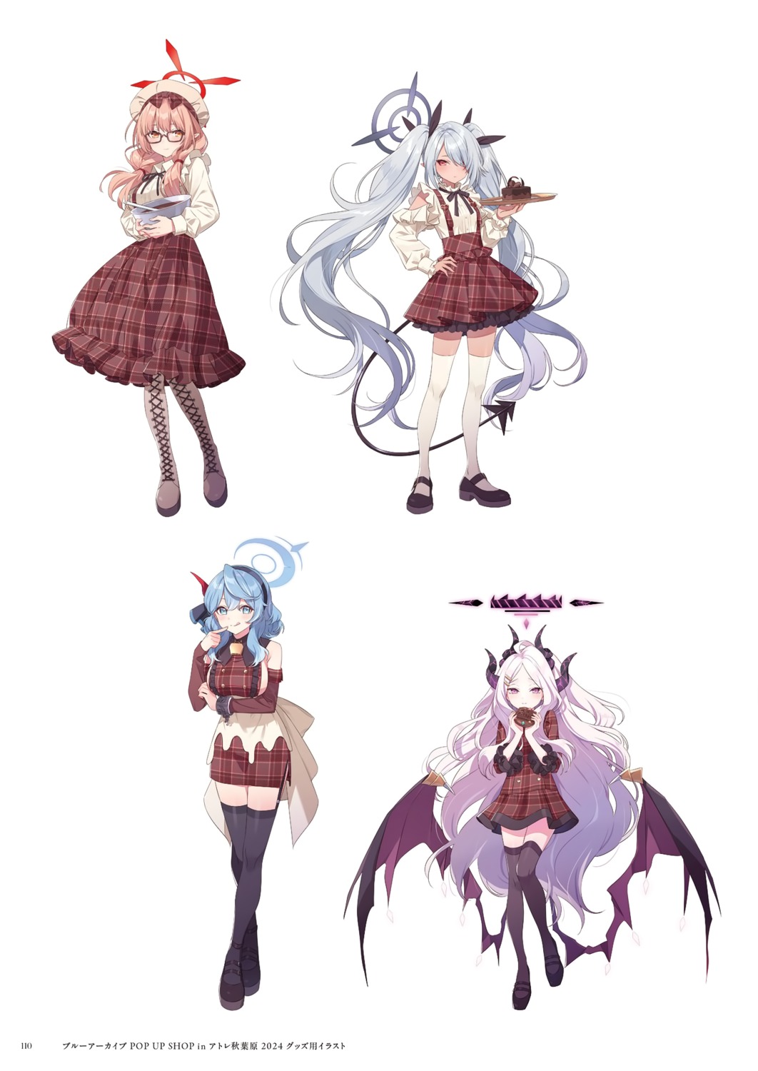 amau_ako, blue_archive, devil, halo, hechima, hinomiya_chinatsu, horns, megane, no_bra, pointy_ears, shiromi_iori, sorasaki_hina, tail, thighhighs, waitress, wings