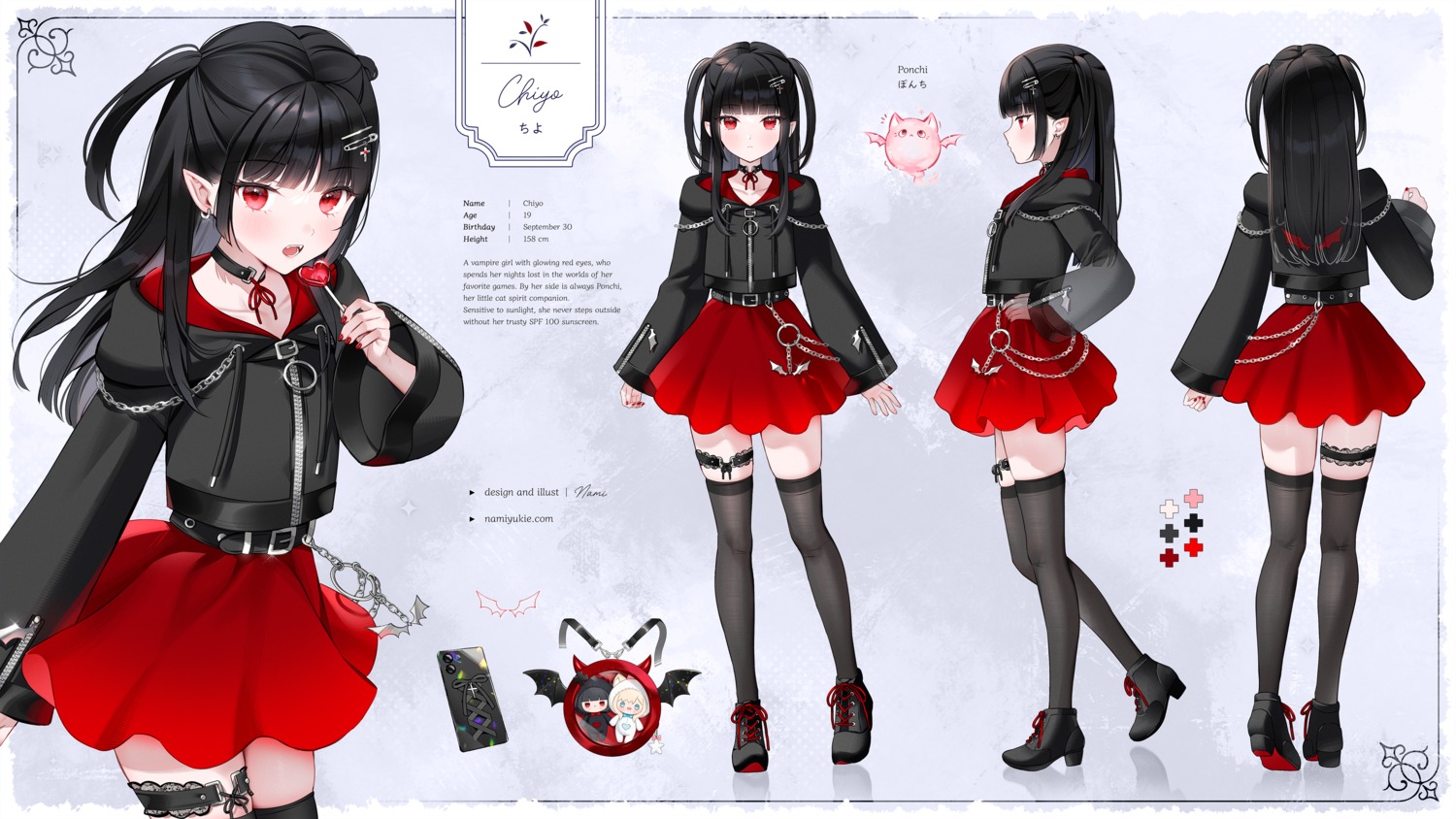 character_design, garter, heels, nami_(nyaa), pointy_ears, profile_page, thighhighs