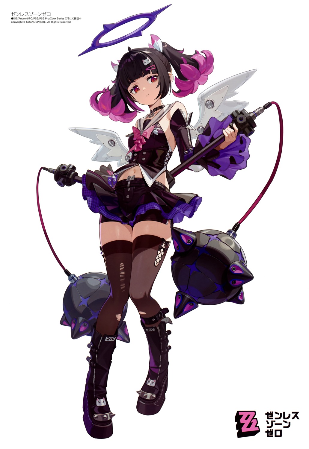 halo, nangong_yu, tagme, thighhighs, torn_clothes, uniform, weapon, wings, zenless_zone_zero