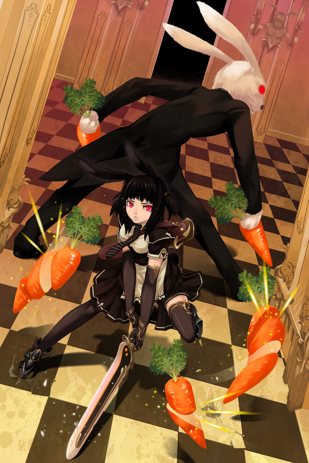 animal_ears, bunny_ears, hamada_youho, sword, thighhighs