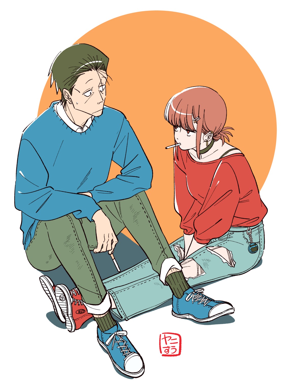 jinushi, sasaki_(yanisuu), smoking, super_no_ura_de_yani_suu_futari, sweater, torn_clothes, yamada_(yanisuu)