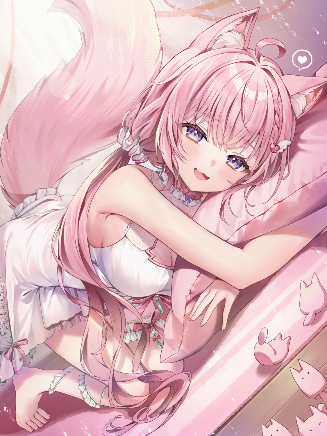 animal_ears, garter, hakui_koyori, hololive, pajama, runlan_0329, see_through, skirt_lift, tail