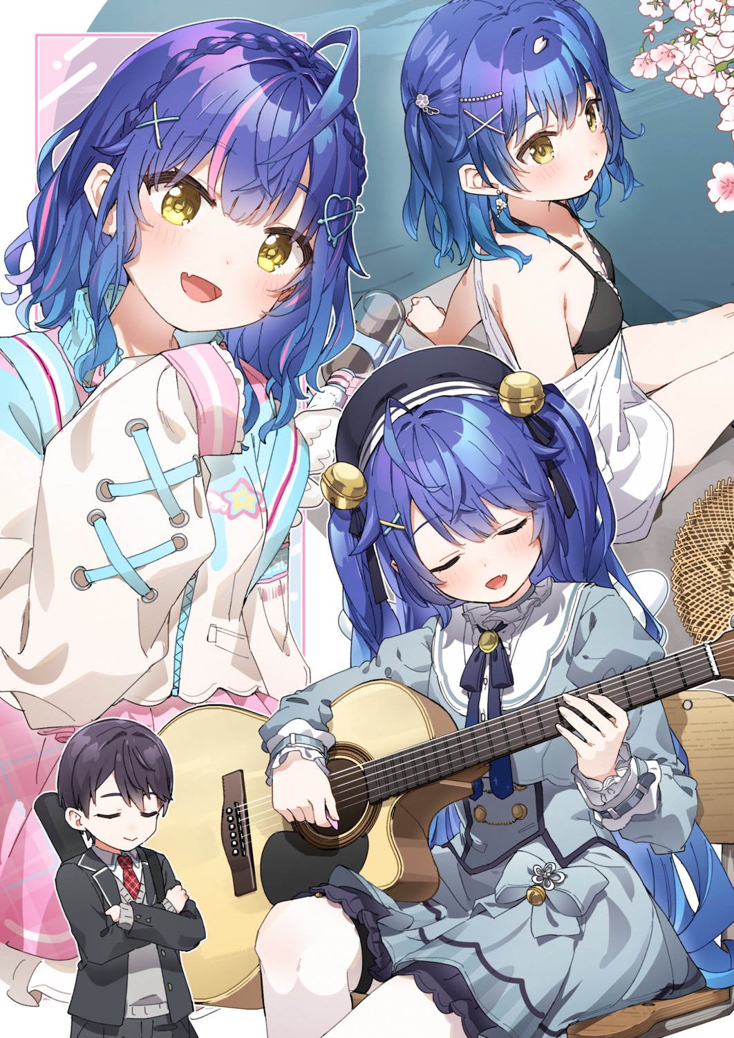 amamiya_kokoro, bikini_top, garter, guitar, kusaka_shi, nijisanji, open_shirt, seifuku