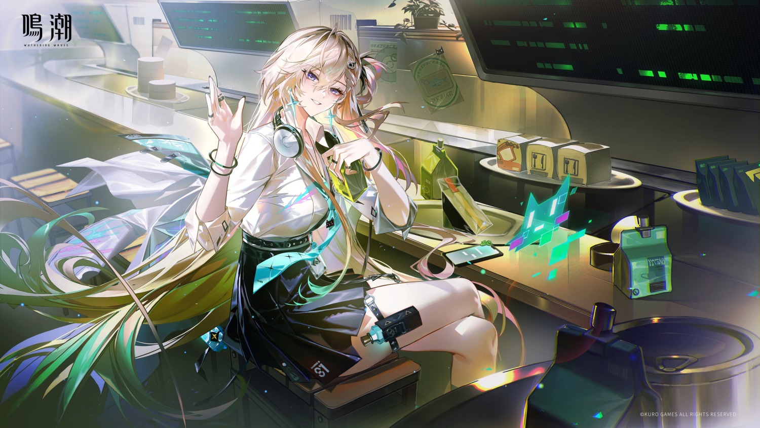 garter, headphones, lynae, open_shirt, seifuku, tagme, wuthering_waves
