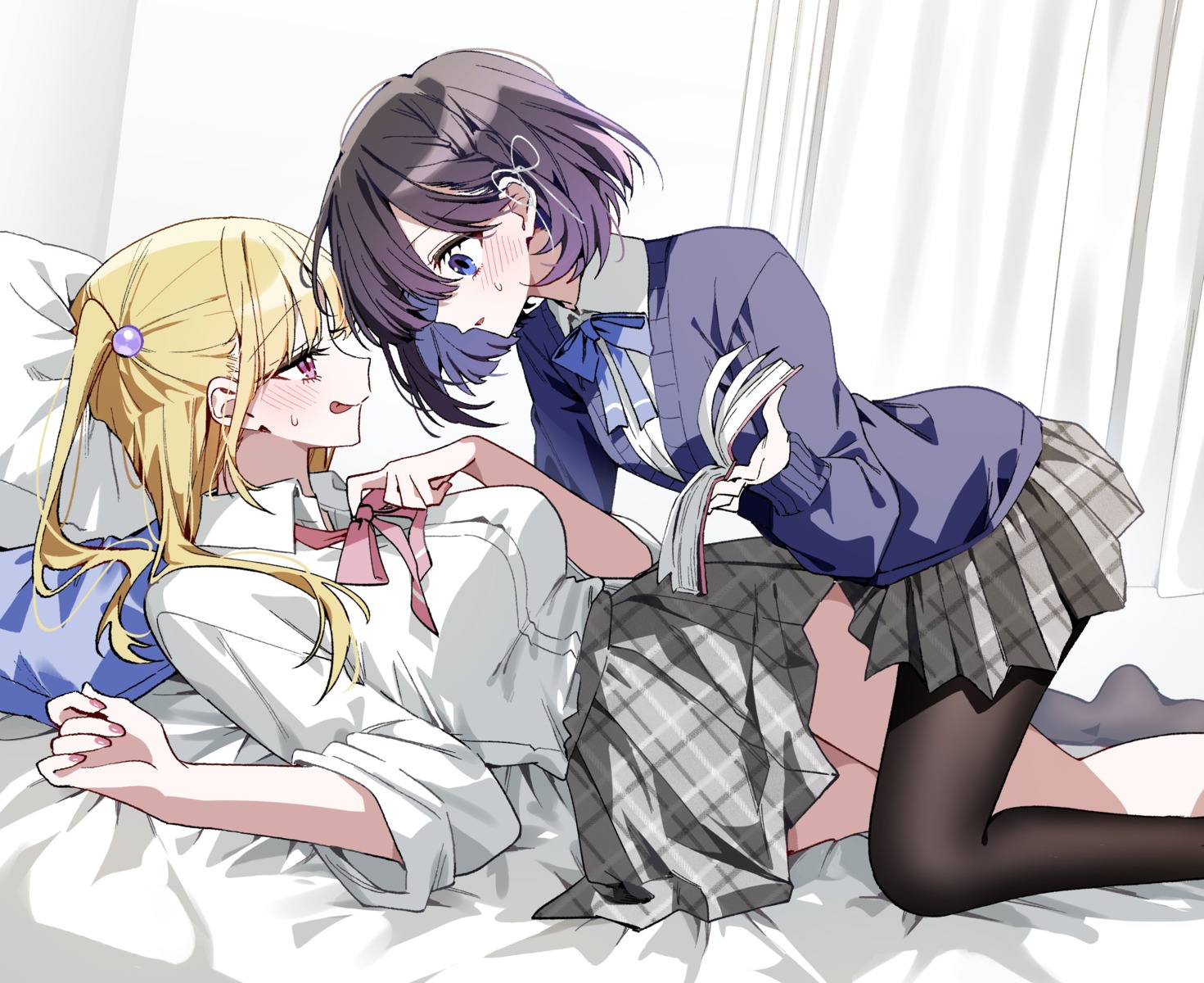 kudou_eru, pantyhose, seifuku, sweater, yuri