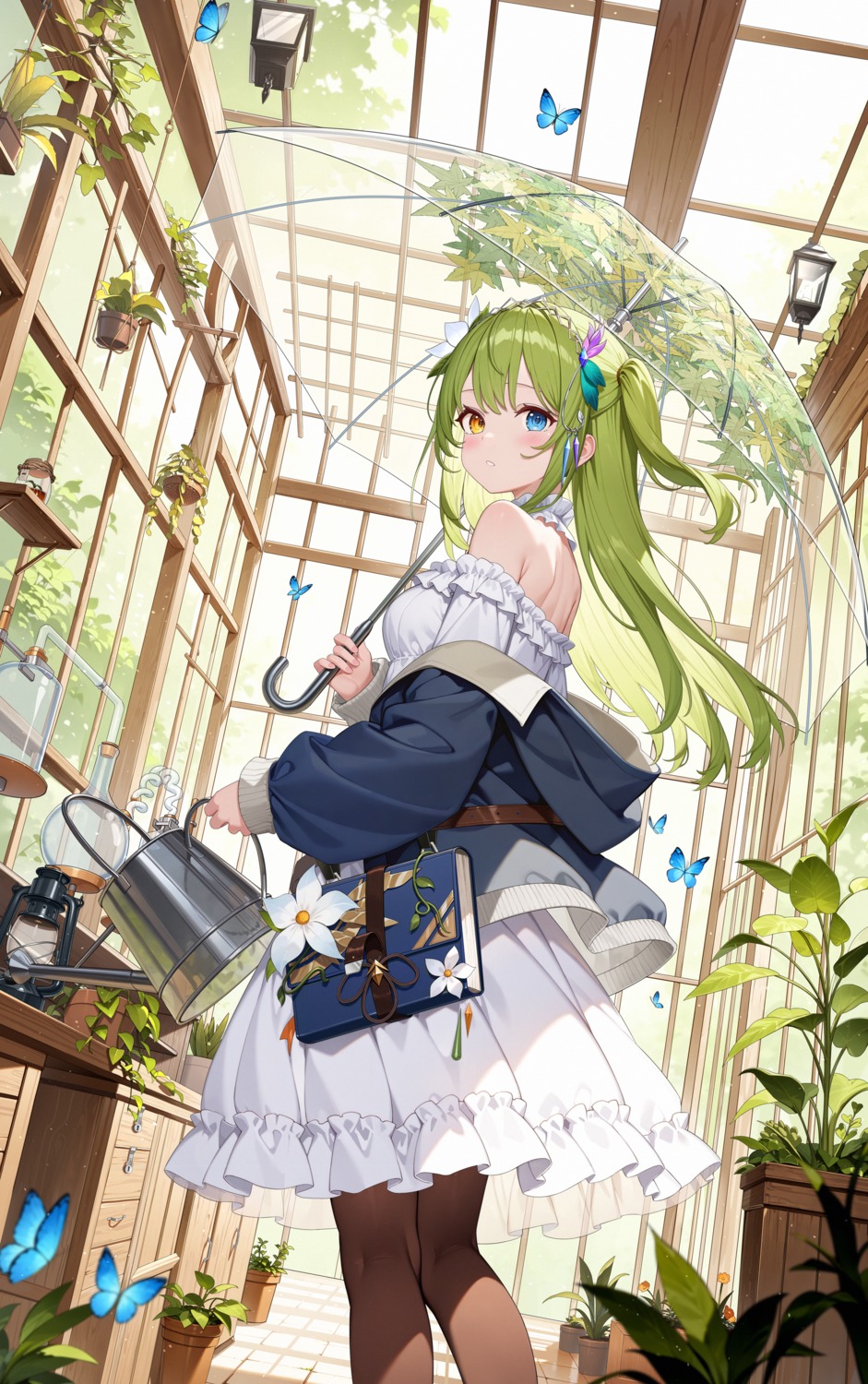 artist_revision, dress, heterochromia, no_bra, pantyhose, umbrella, vic_(user_ztdh7374)