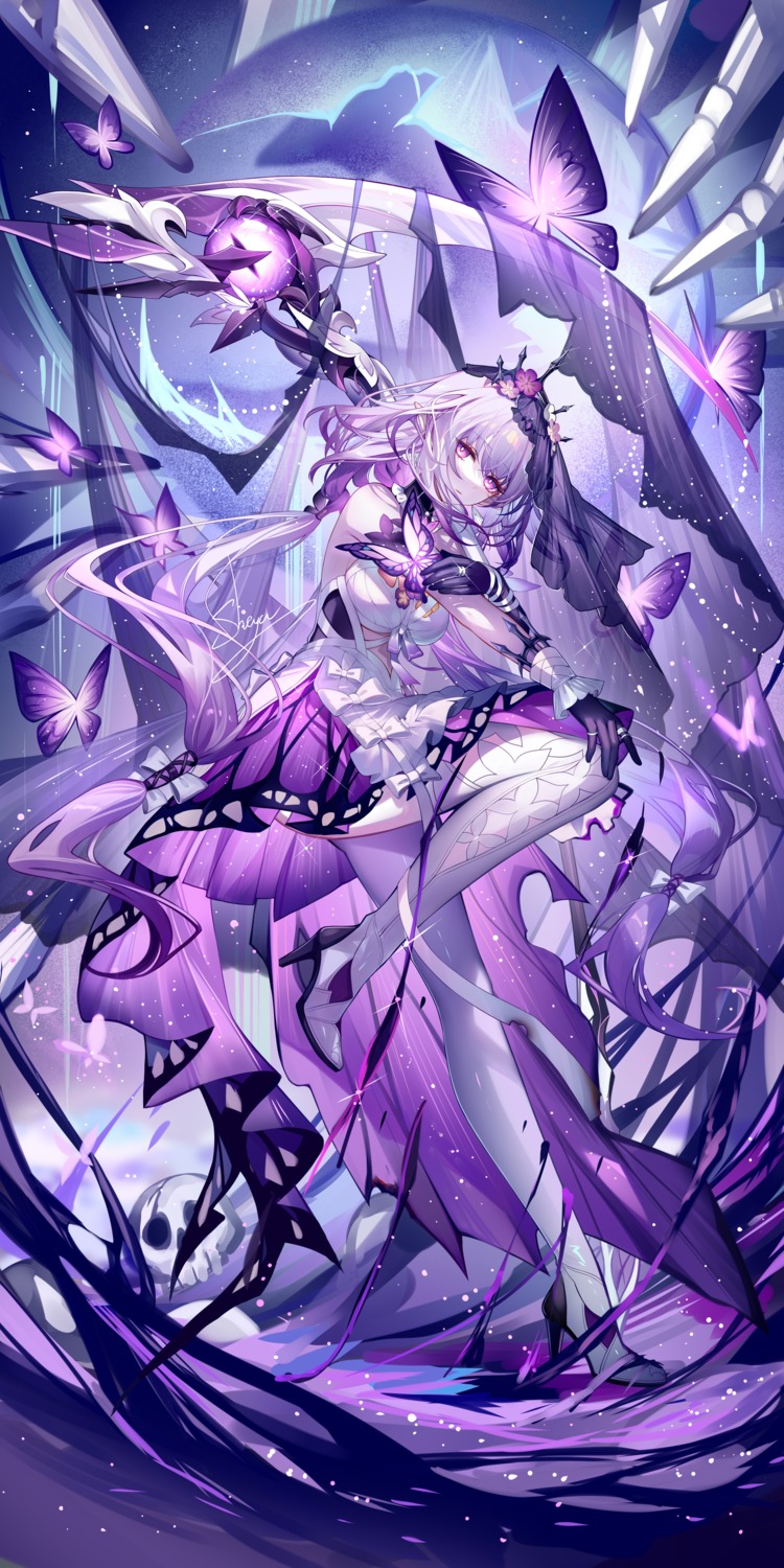 castorice, dress, heels, honkai:_star_rail, see_through, sheya, skirt_lift, thighhighs