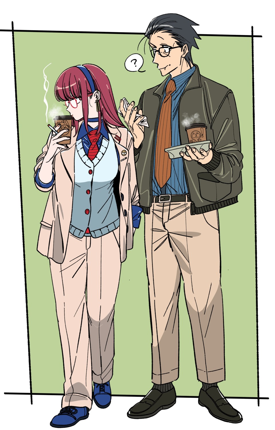 jinushi, megane, sasaki_(yanisuu), smoking, super_no_ura_de_yani_suu_futari, sweater, yamada_(yanisuu)