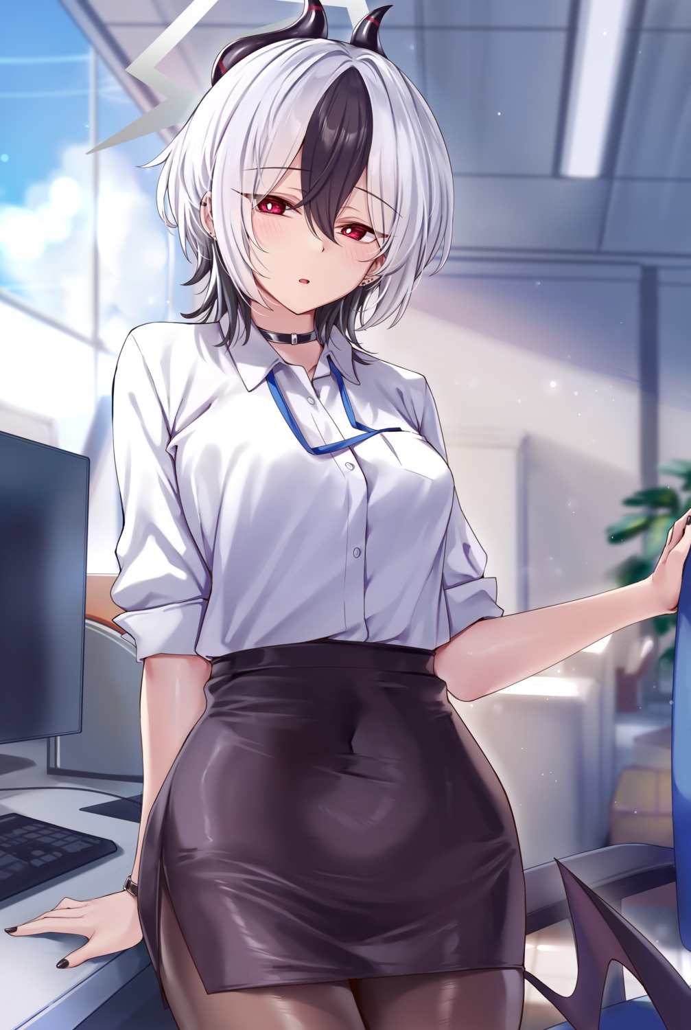 blue_archive, devil, dress_shirt, halo, horns, ks, onikata_kayoko, pantyhose