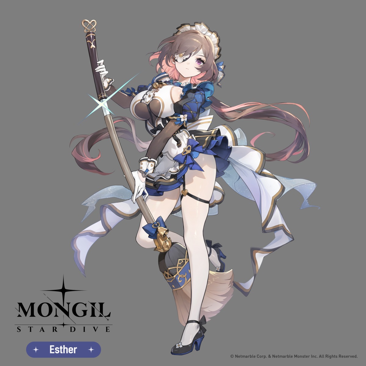 eyepatch, garter, heels, maid, mongil:_star_dive, pantyhose, skirt_lift, sword