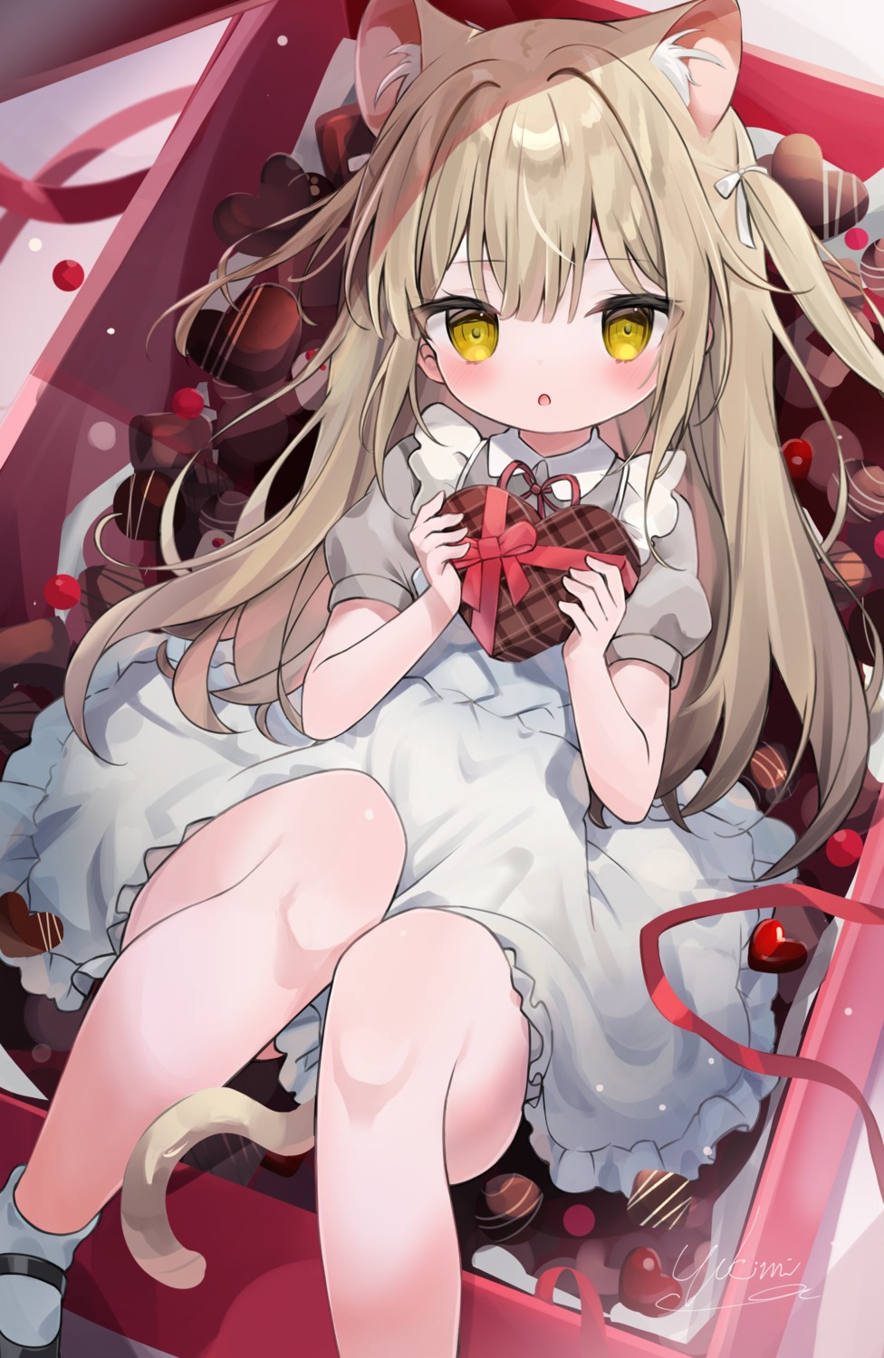 animal_ears, fujii_shino, maid, nekomimi, skirt_lift, tail, valentine