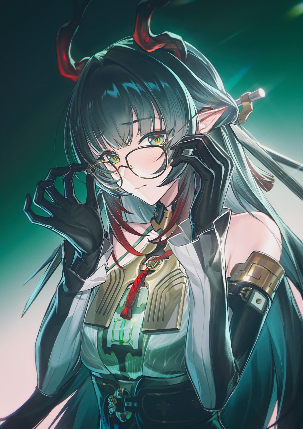 arknights, arknights:_endfield, asian_clothes, horns, megane, pointy_ears, zhiyan_li, zhuang_fangyi_(arknights)