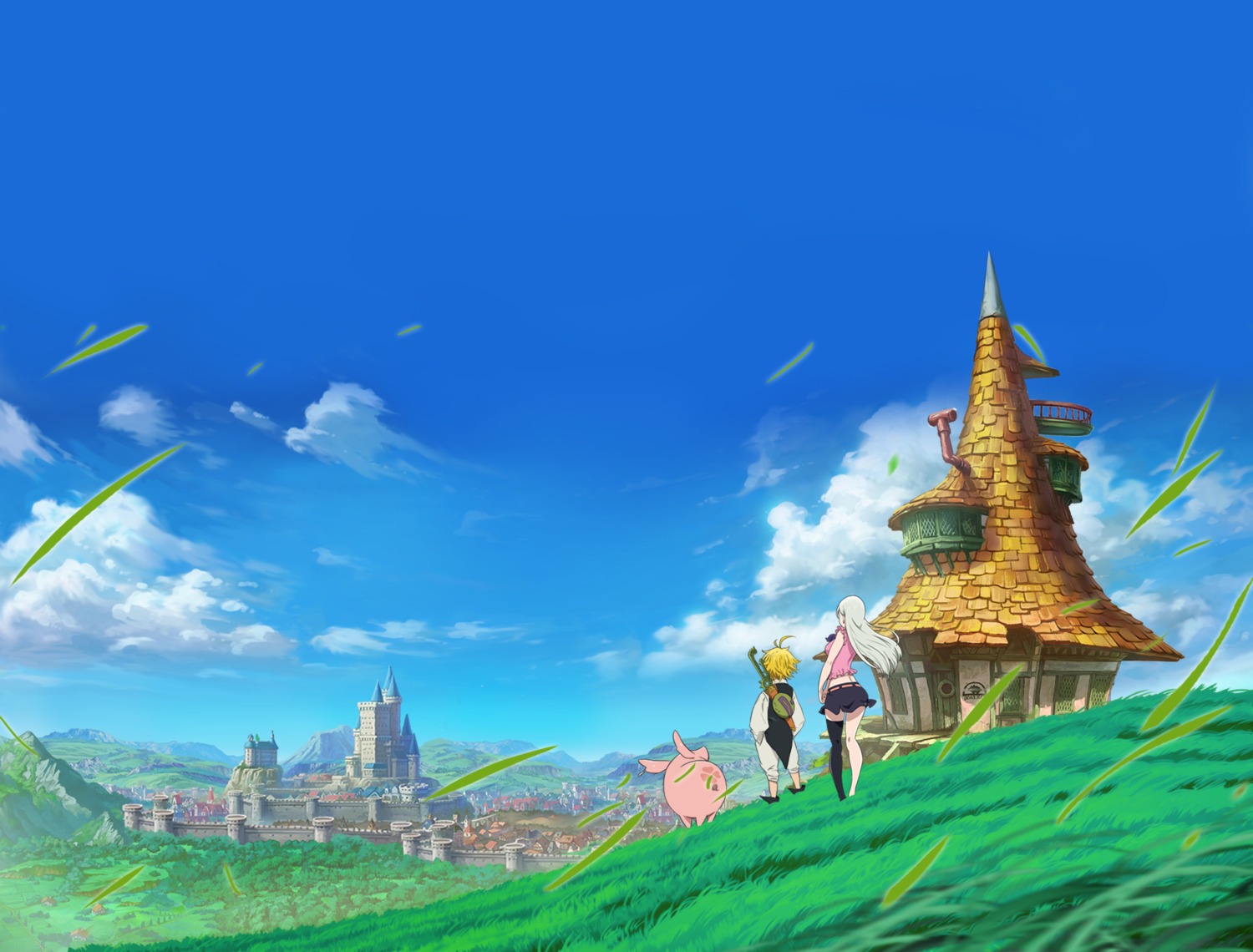 elizabeth_liones, hawk_(nanatsu_no_taizai), landscape, meliodas_(nanatsu_no_taizai), nanatsu_no_taizai, netmarble_games, skirt_lift, sword