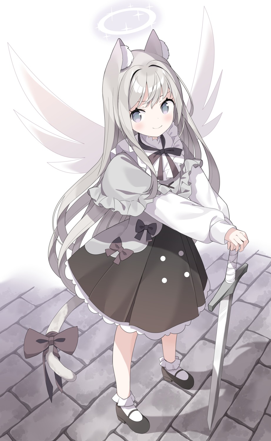 angel, animal_ears, nekomimi, sword, tail, tantan_men_(dragon), wings