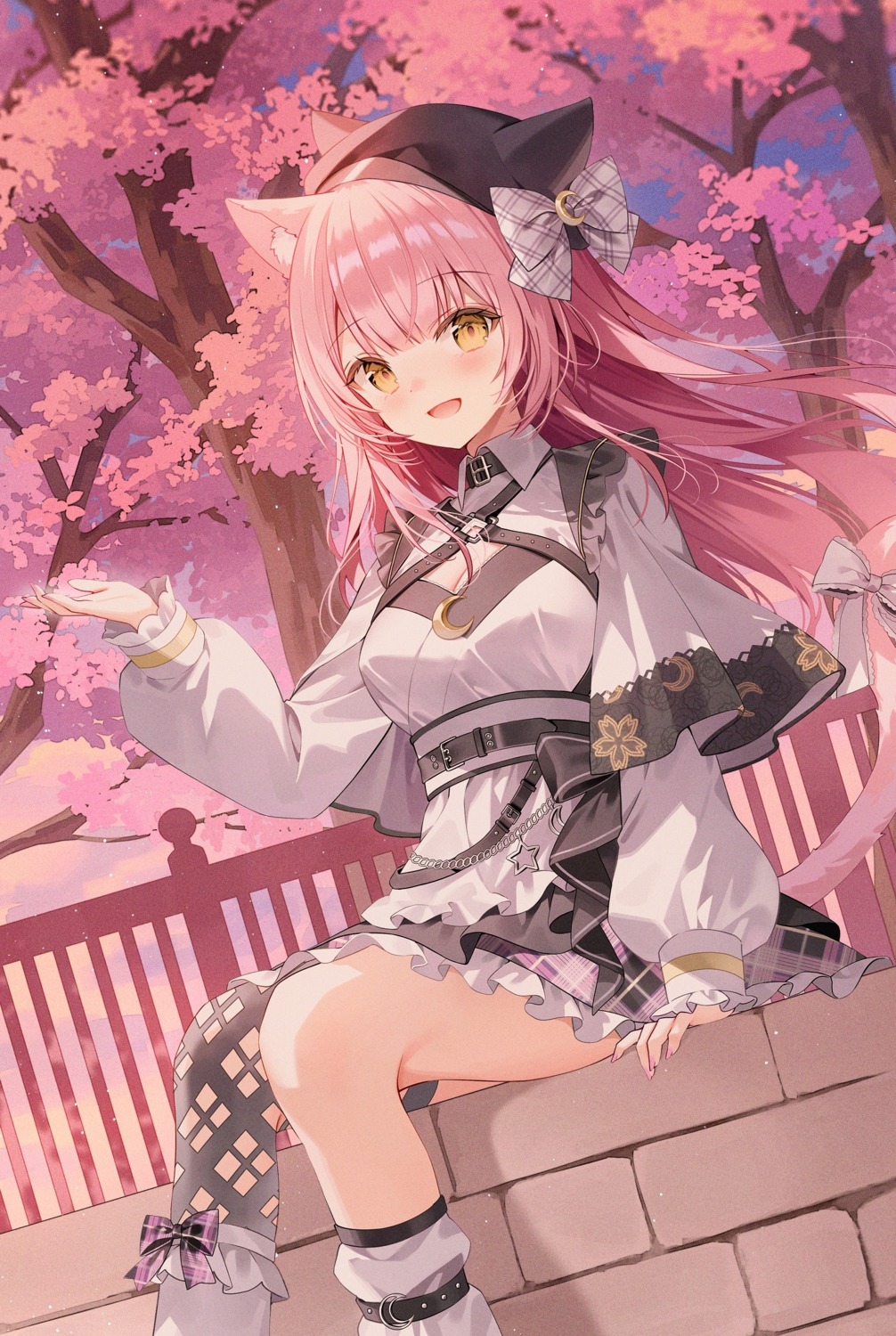 animal_ears, cleavage, indie_virtual_youtuber, munmosshu, nekomimi, skirt_lift, tail, thighhighs