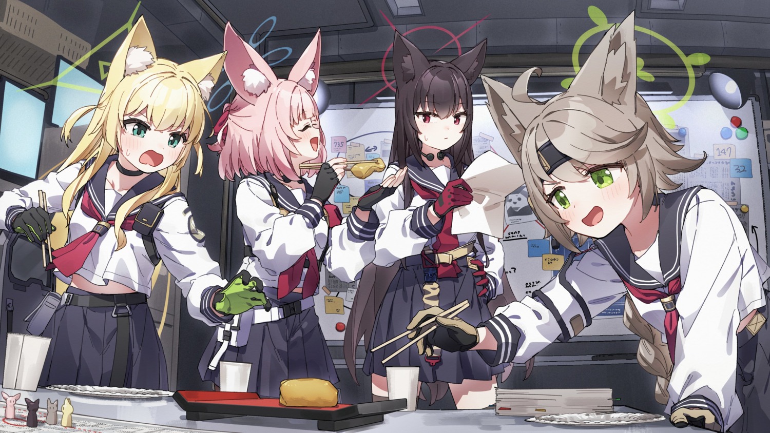 animal_ears, blue_archive, halo, kitsune, kusaka_shi, seifuku, shichido_yukino, takakura_kurumi, tenjinyama_otogi, thighhighs, yoshino_niko