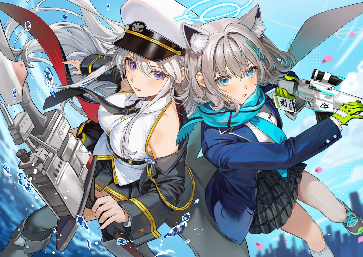 animal_ears, ariko_(aaaaarik), azur_lane, blue_archive, crossover, enterprise_(azur_lane), gun, halo