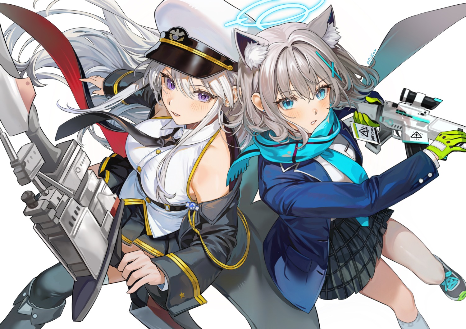 animal_ears, ariko_(aaaaarik), azur_lane, blue_archive, crossover, enterprise_(azur_lane), gun, halo