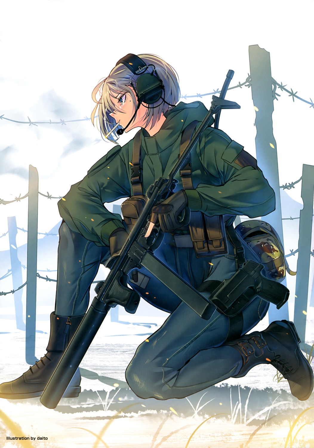 daito, garter, gun, headphones, smoking